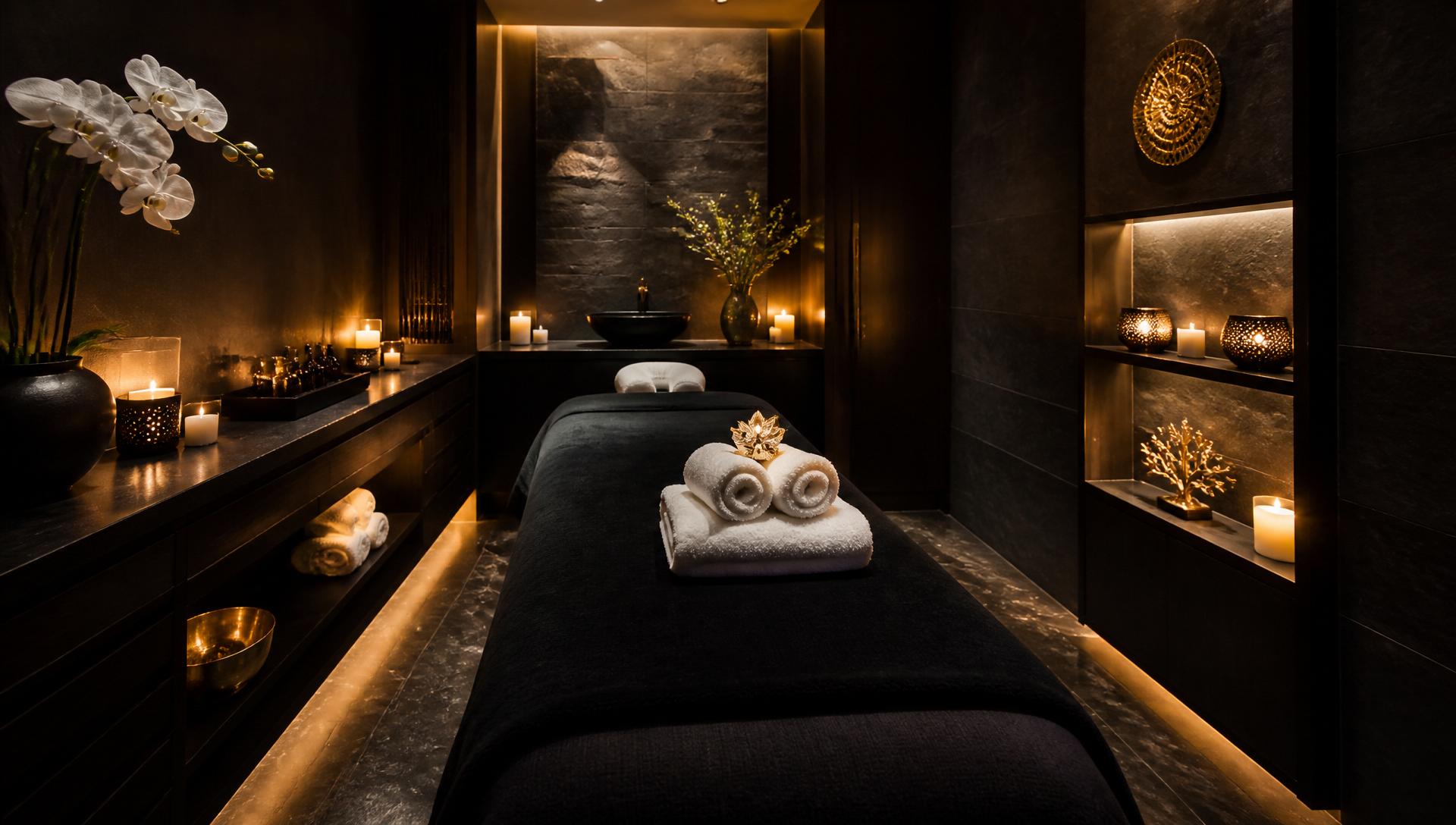 Candlelit massage room with gold accents
